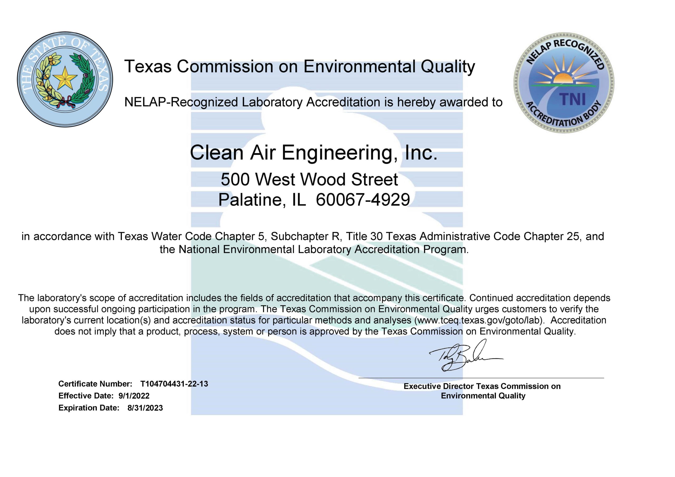 CleanAir 2023 NELAP Accreditation Certificate