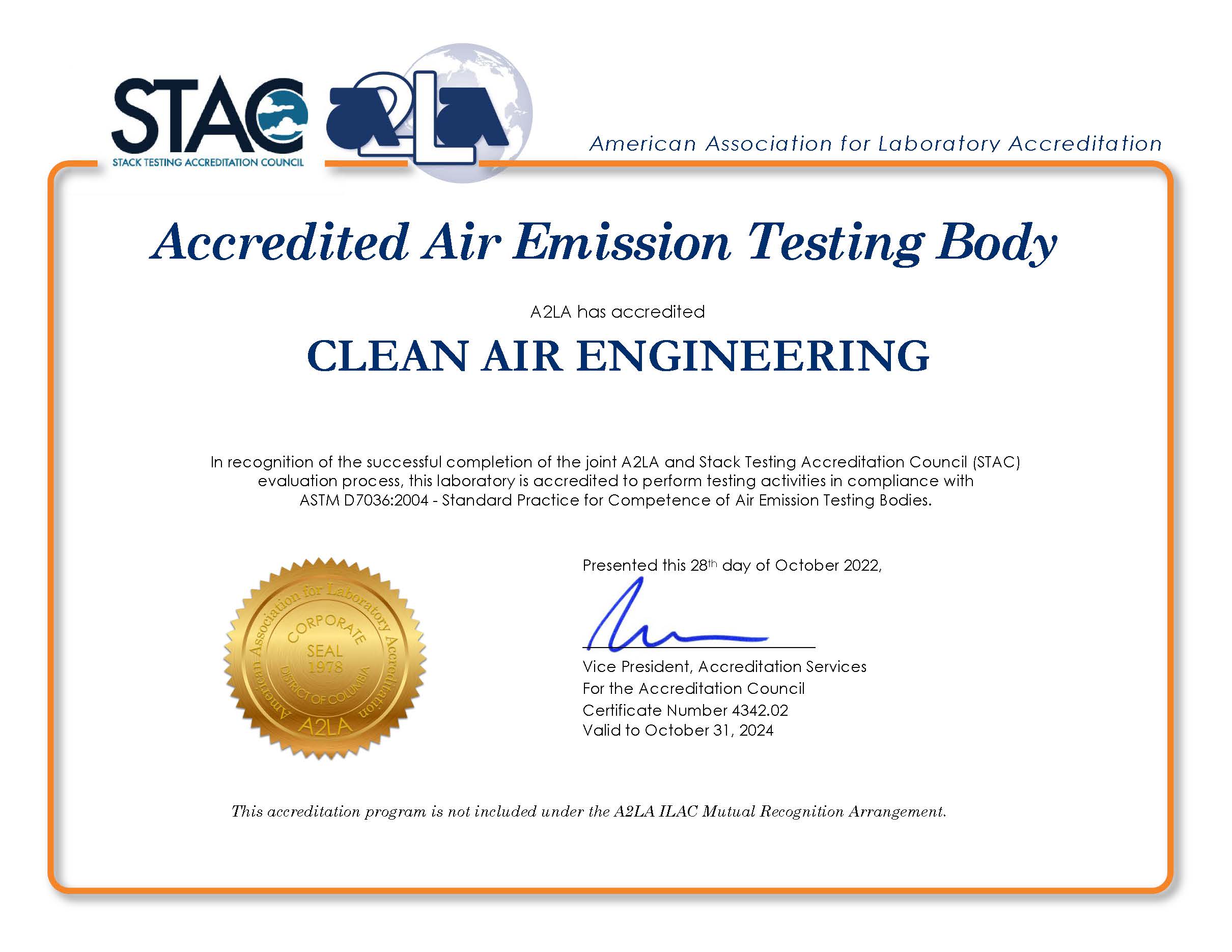 CleanAir 2024 STAC Testing Accreditation Certificate